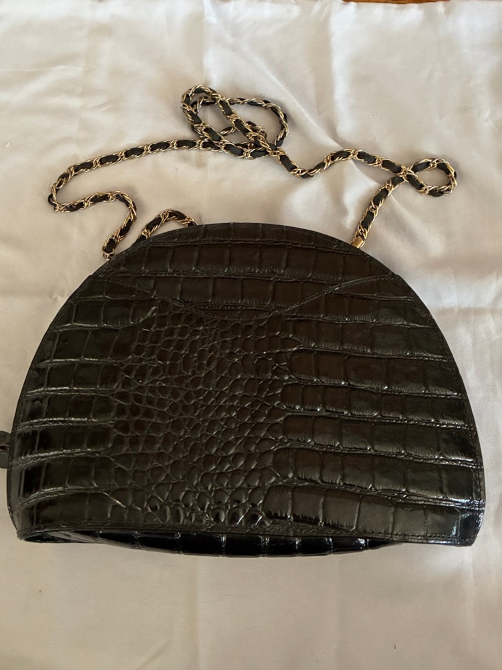 Womens Black Croc-Embossed Half-Moon Shoulder Bag with Chain Strap